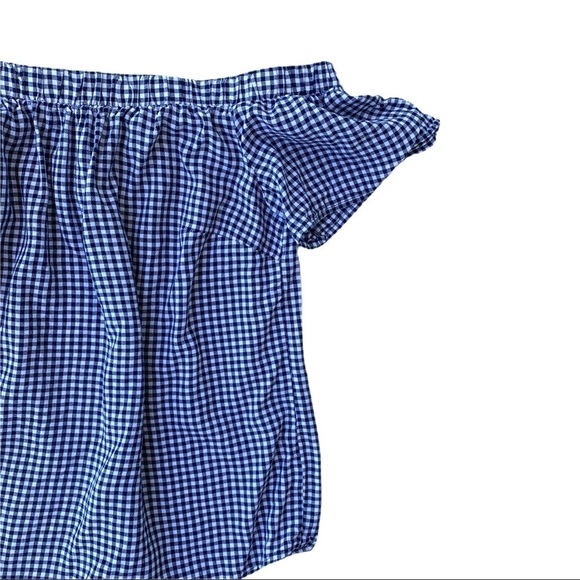 Mossimo Y2K Target Navy Blue Gingham Plaid Picnic Off the Shoulder Blouse Small - Picture 5 of 14